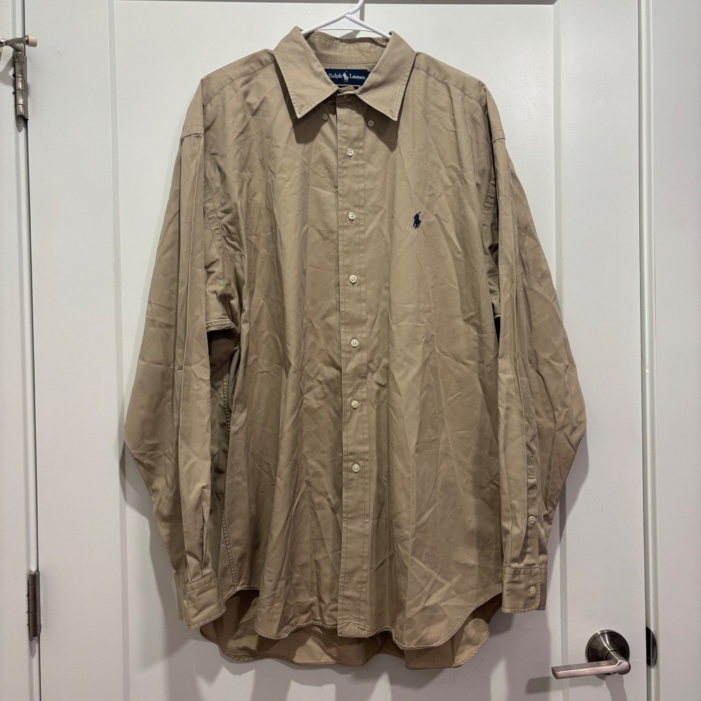 Ralph Lauren Blake Shirt Mens XL Tan Khaki Cotton Long Sleeve Button Down Pony